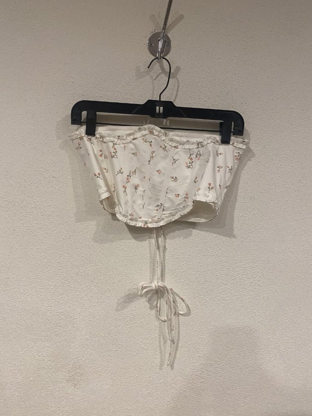 BABYBOO Corset Top Womens Large White Floral Satin Lace Up Ruffle Crop Boned